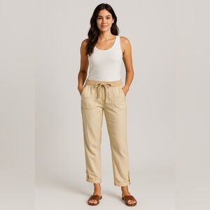 Anthropologie Hei Hei Linen Blend Pants Beige Crochet Waist Drawstring Womens 30